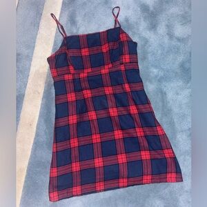 Garage Red and Navy Plaid Spaghetti Strap Dress